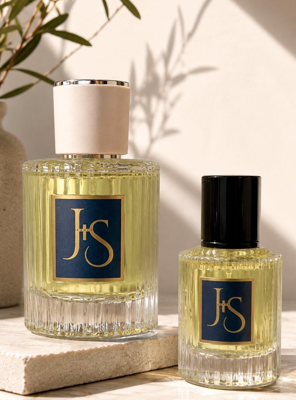 Perfumes J+S sobre superficie de piedra